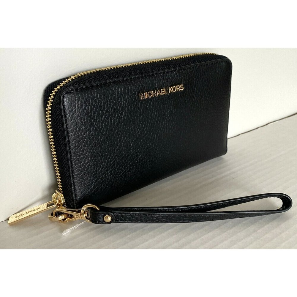 New Michael Kors Jet Set Travel Large Flat phone case Leather Black / Gold - Picture 4 of 4